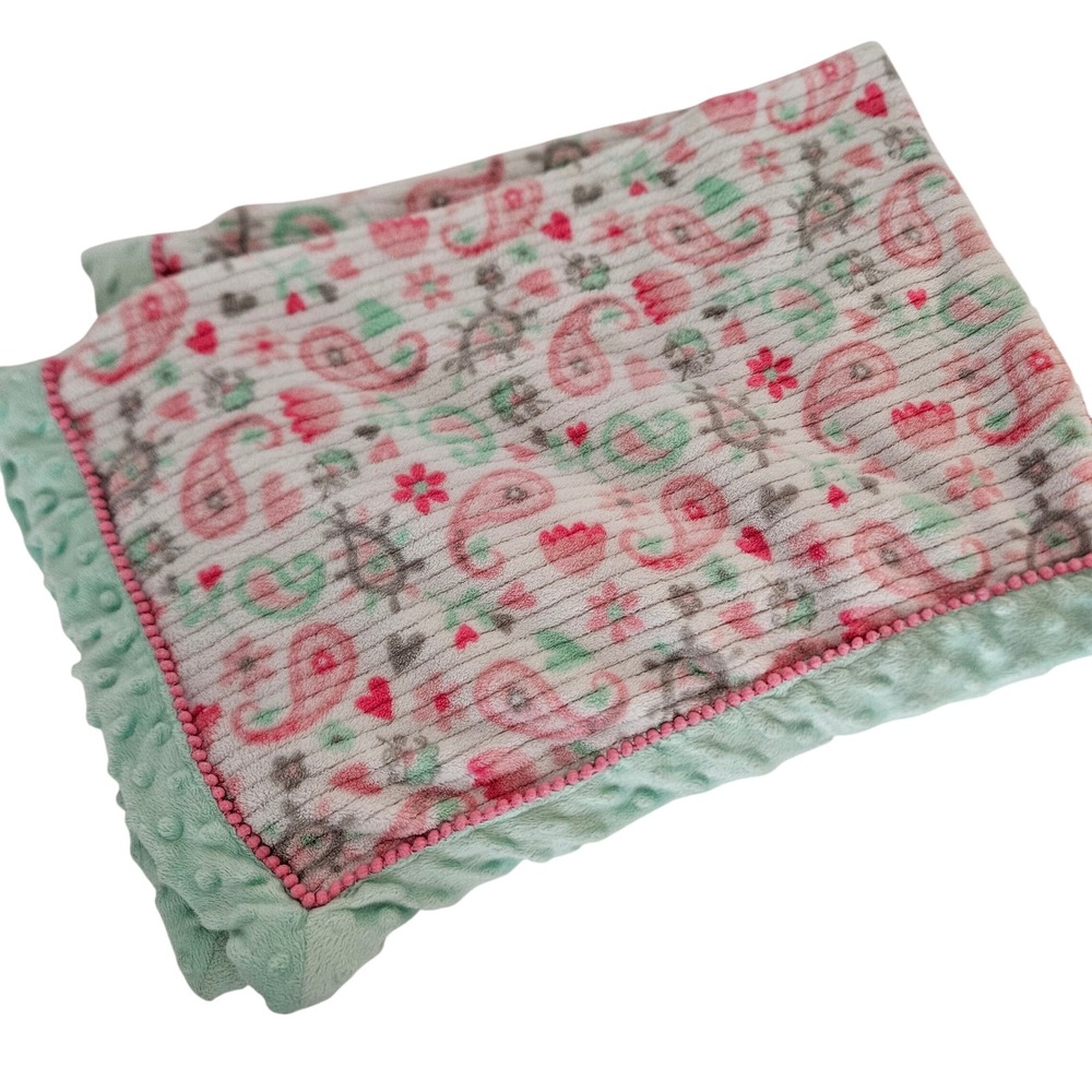 Baby Starters Pink Mint Green Paisley Floral Plush Minky Dot Baby Blanket 30x40